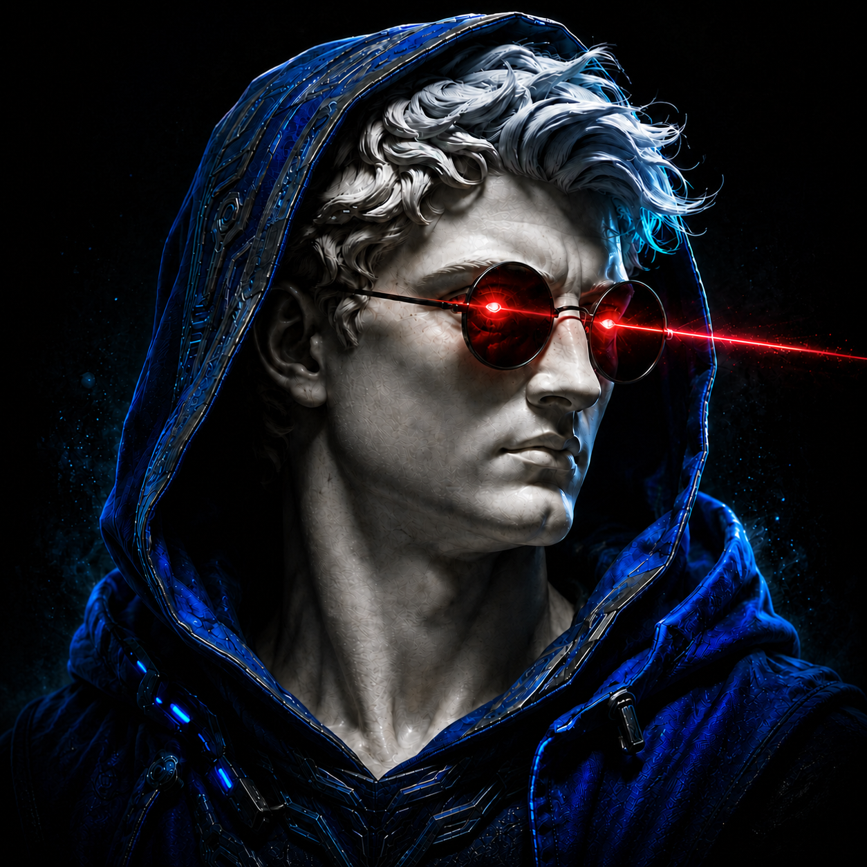 The SAVELEEK Guardian: a marble figure in a cobalt digital hood with red laser glasses